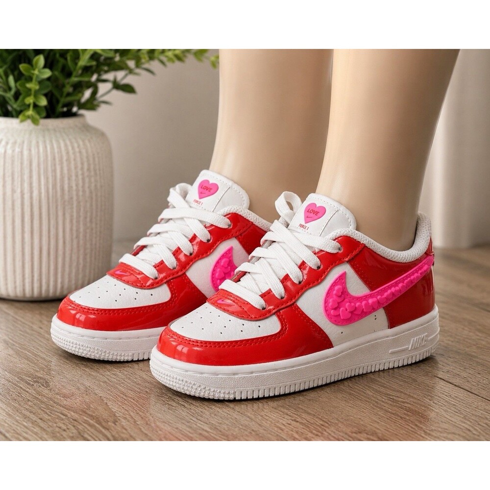 Nike Force 1 Low Top Lace-Up Sneakers Red/White/Pink Heart FD1033-600 | SZ 9C